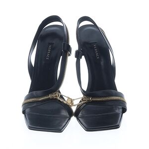Versace Black Leather Stilleto Heels with Gold Medusa Safety Pin Zipper 10 US